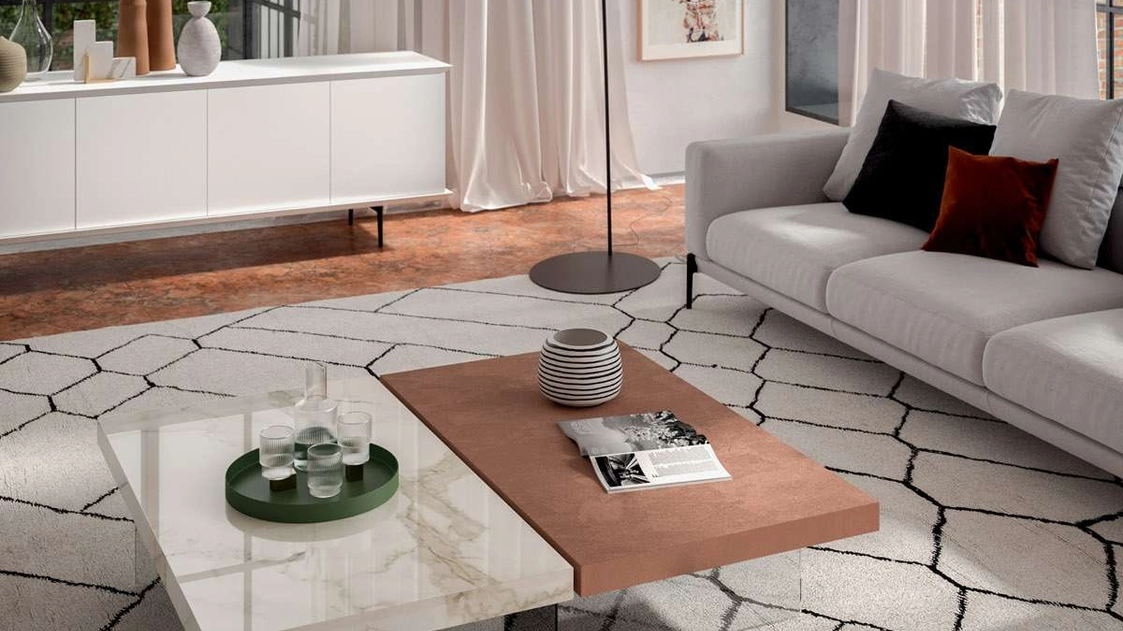 Tavolino multifunzione Bellagio in marble glass o cemento di Ozzio