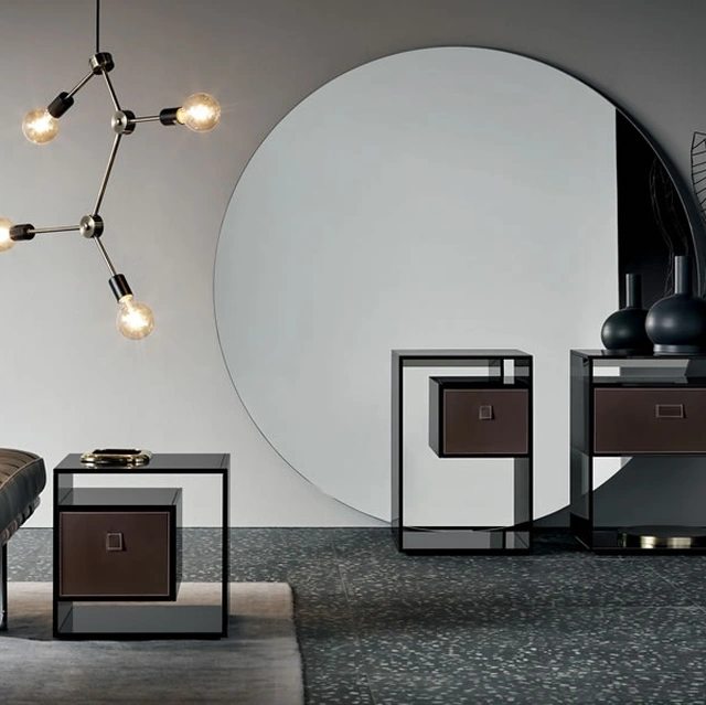 Tavolino in vetro con base a specchio con cassetto in legno Liber di Tonelli