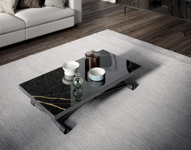 Tavolino Trasformabile in tavolo Sydney CR Marble Glass Sahara Noir Lucido di Ozzio