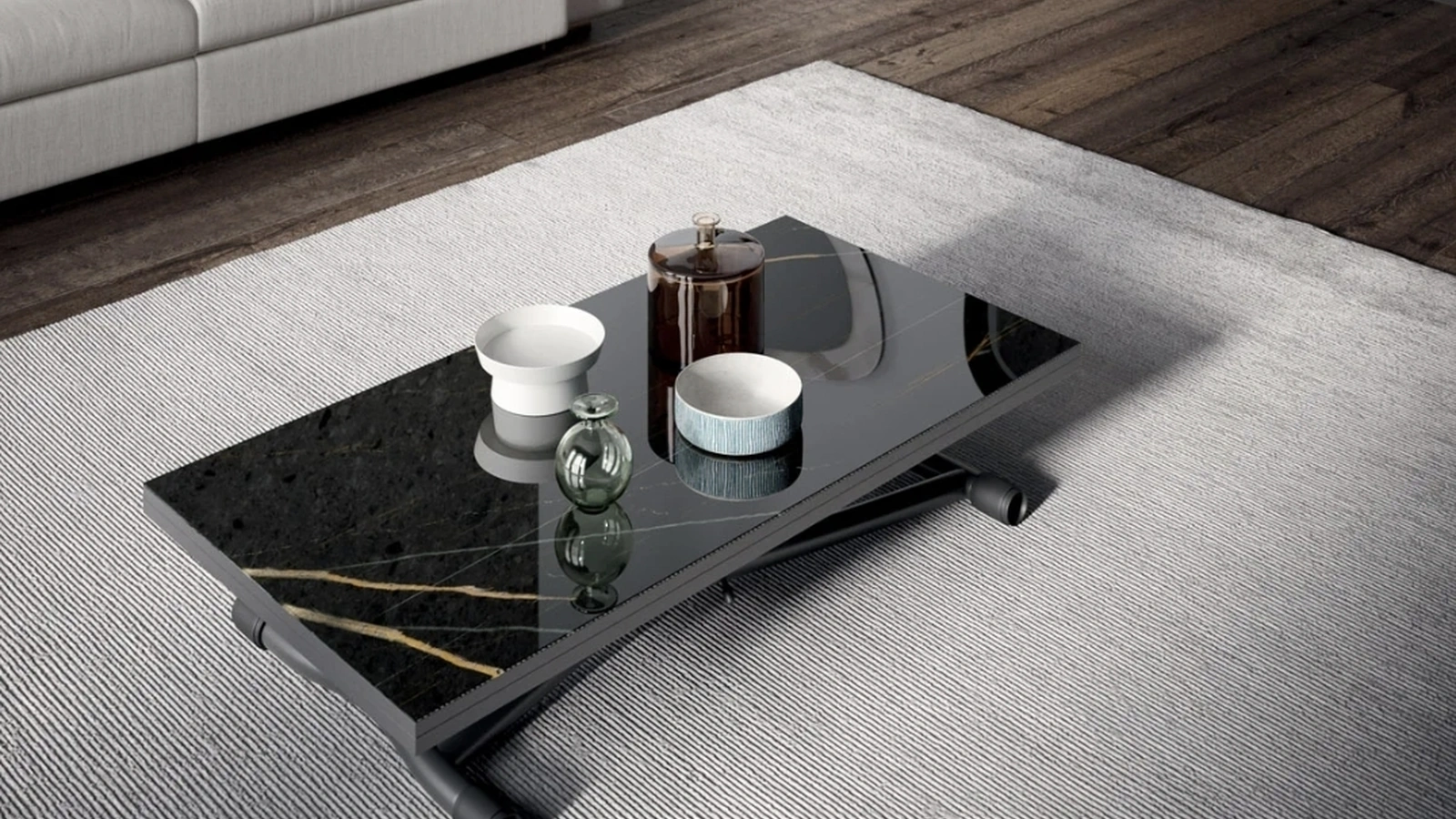 Tavolino Trasformabile in tavolo Sydney CR Marble Glass Sahara Noir Lucido di Ozzio
