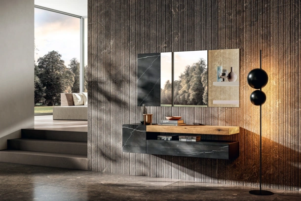 Specchio modulare realizzato in vetro a specchio e vetro effetto marmo 36e8 di Lago