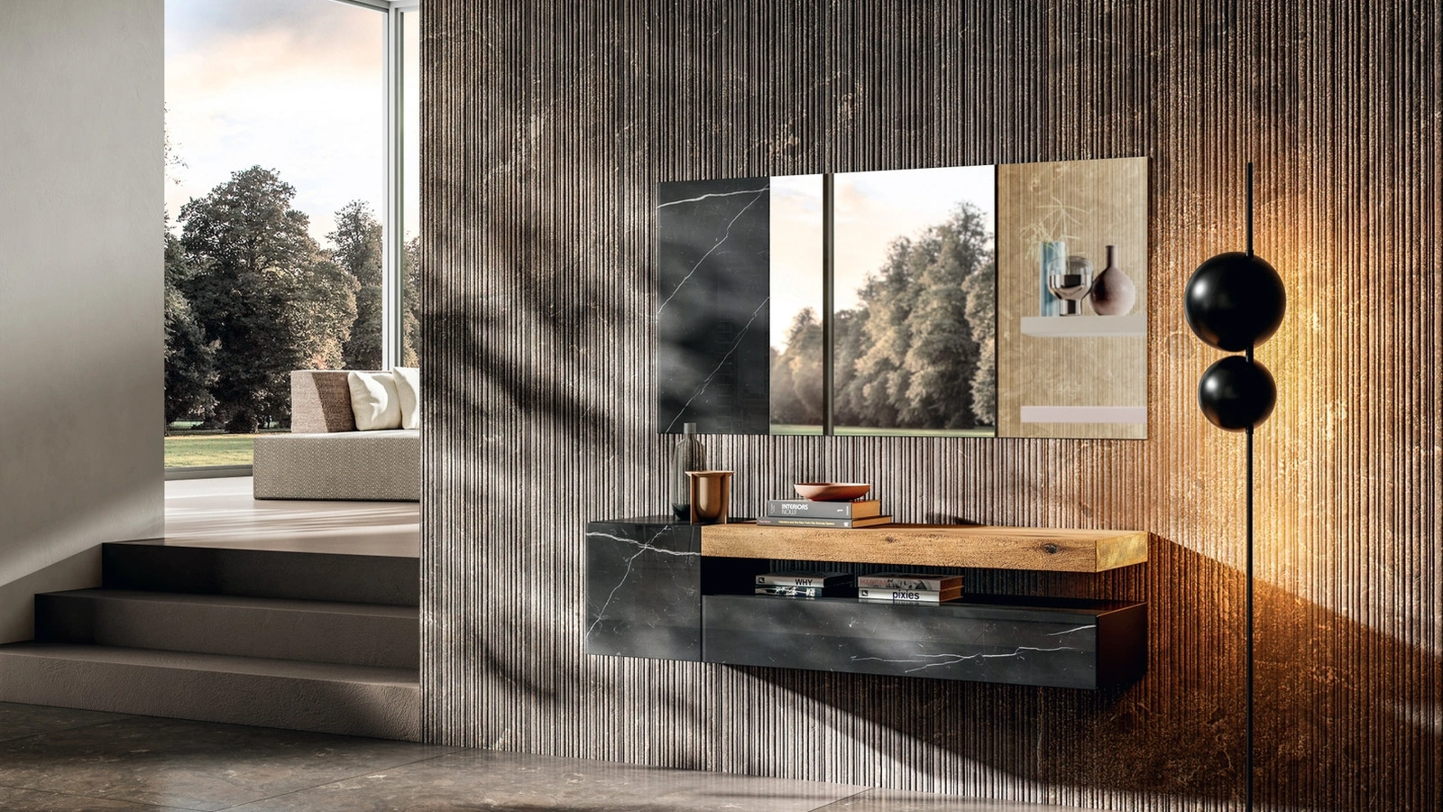 Specchio modulare realizzato in vetro a specchio e vetro effetto marmo 36e8 di Lago
