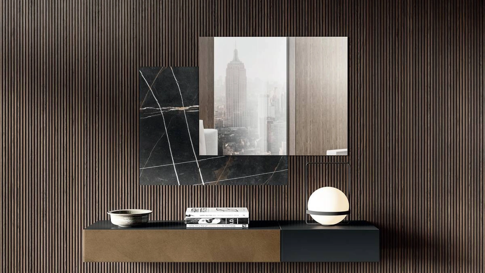 Specchio modulare realizzato in vetro a specchio e vetro effetto marmo 36e8 di Lago