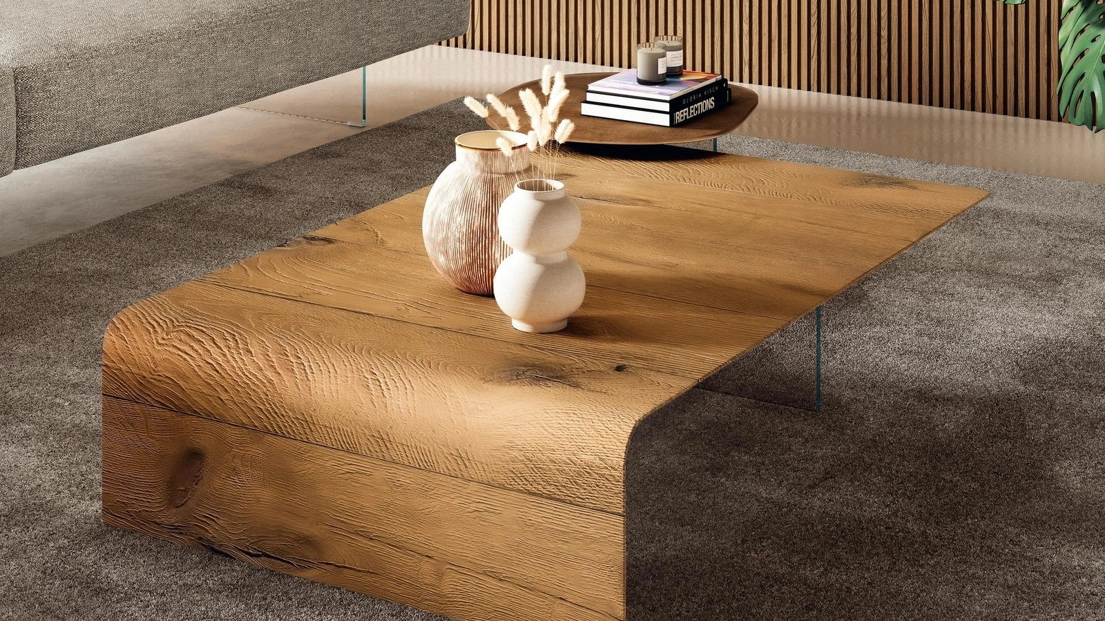 Tavolino Lean 1982 in legno di Rovere e vetro di Lago