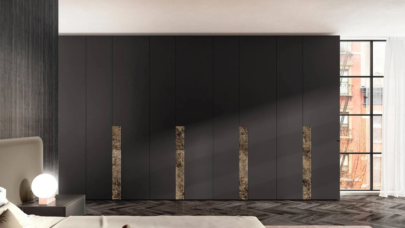 Armadio con ante battenti in laccato opaco con inserto in vetro effetto marmo Key 1201 di Lago