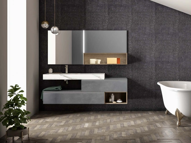 Mobile da Bagno sospeso in laccato metallico piombo Lapis 05 di Birex