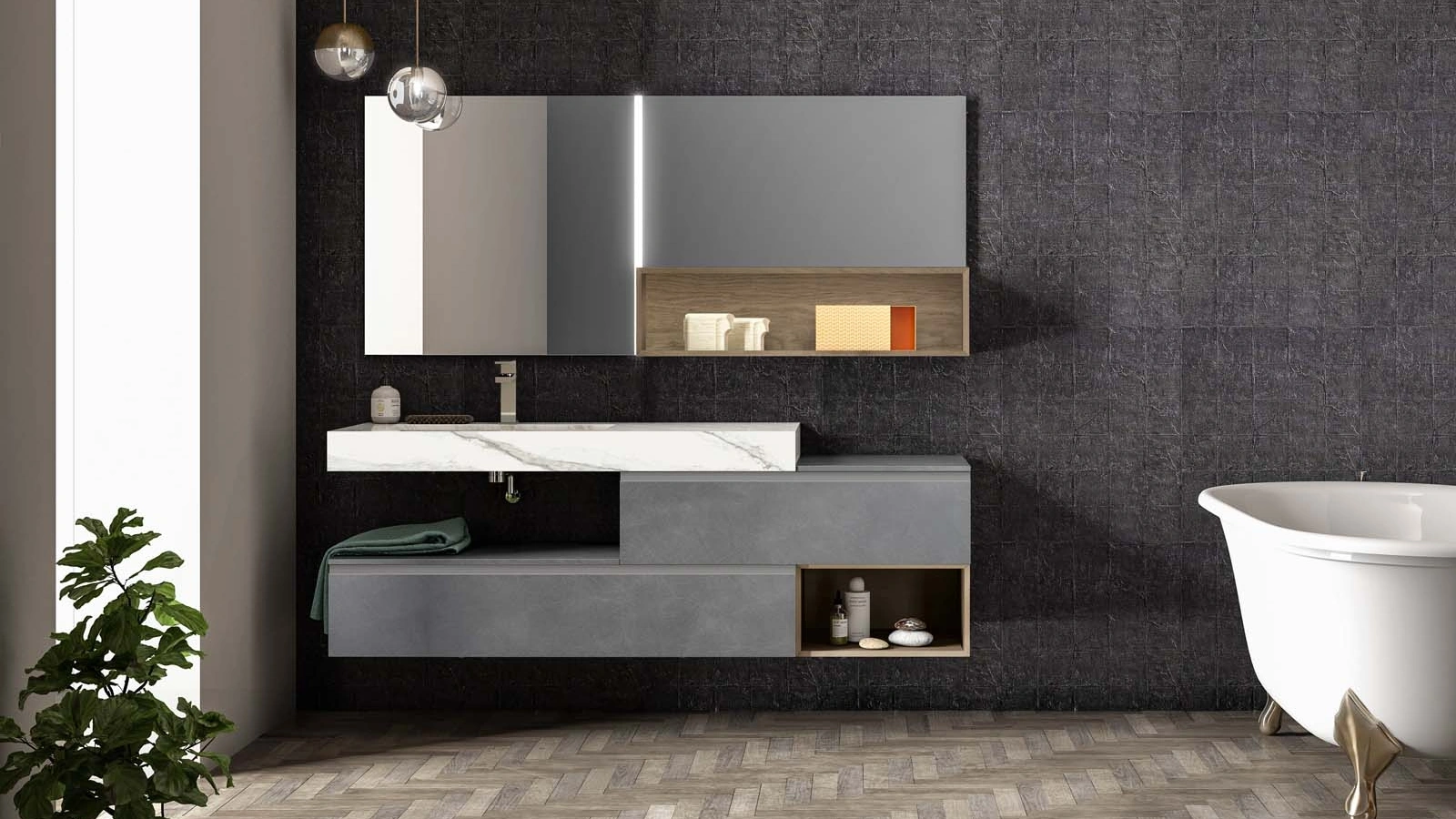 Mobile da Bagno sospeso in laccato metallico piombo Lapis 05 di Birex