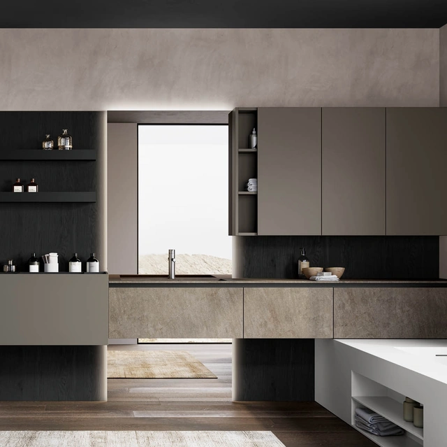 Mobile da Bagno sospeso Facto 02 in gres, laccato ed essenza rovere di Birex