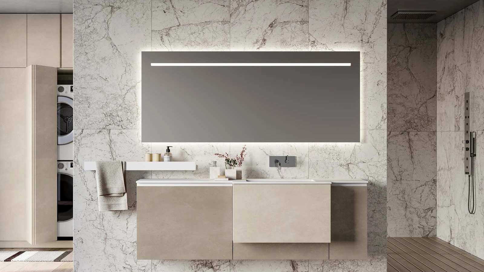 Mobile da Bagno sospeso in materico perla e argilla Lapis 07 di Birex