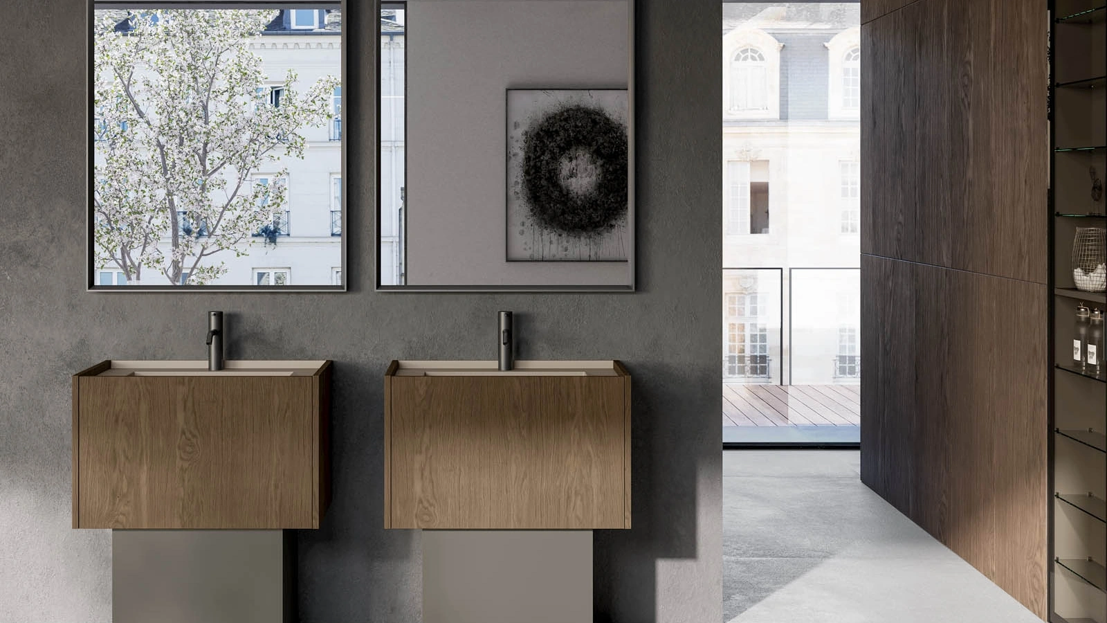 Mobile da Bagno a terra in essenza rovere castoro e laccato opaco grigio Major 07 di Birex