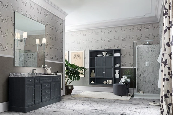 Mobile da Bagno Paestum 03 in Decapé Fumo di Londra con piano in marmo di Cerasa