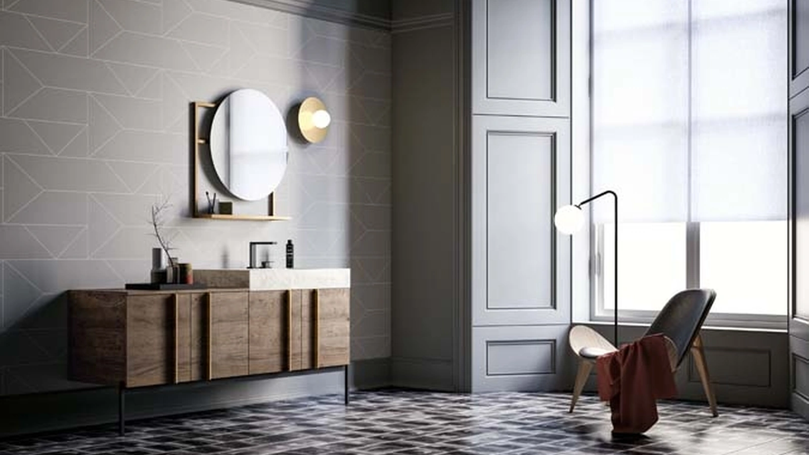 Mobile da Bagno a terra in essenza rovere con top in gres effetto marmo Sidero 01 di Birex