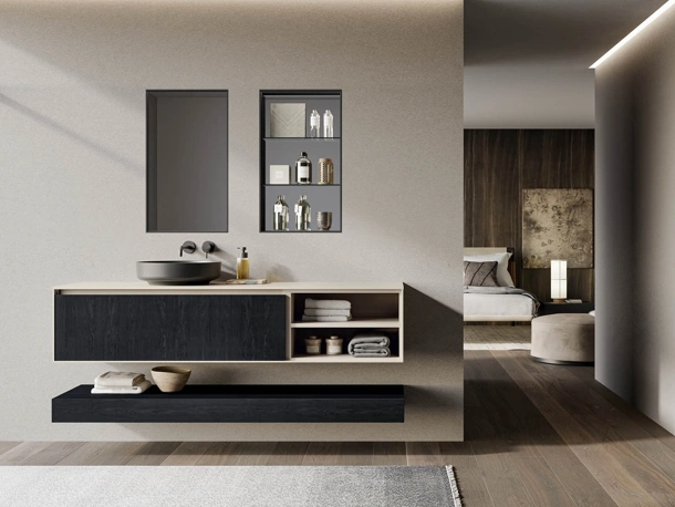 Mobile da Bagno sospeso in essenza rovere carbone e laccato opaco tortora Traccia 03 di Birex