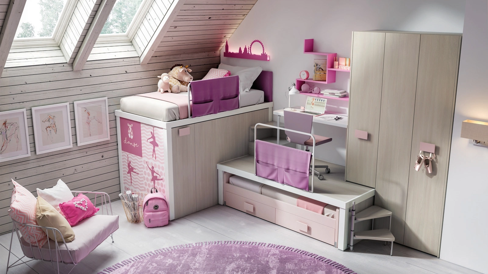 Cameretta per bimbe dai 6 ai 9 anni nei toni del rosa e beige Comp 305 di Tumidei