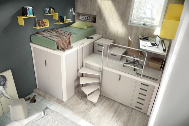 Cameretta in laccato chiaro con letto singolo a soppalco Comp 314 di Tumidei