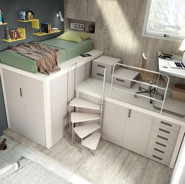 Cameretta in laccato chiaro con letto singolo a soppalco Comp 314 di Tumidei