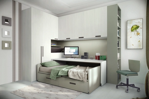 Cameretta in laccato e melaminico con letto estraibile da scrivania Comp 337 di Tumidei