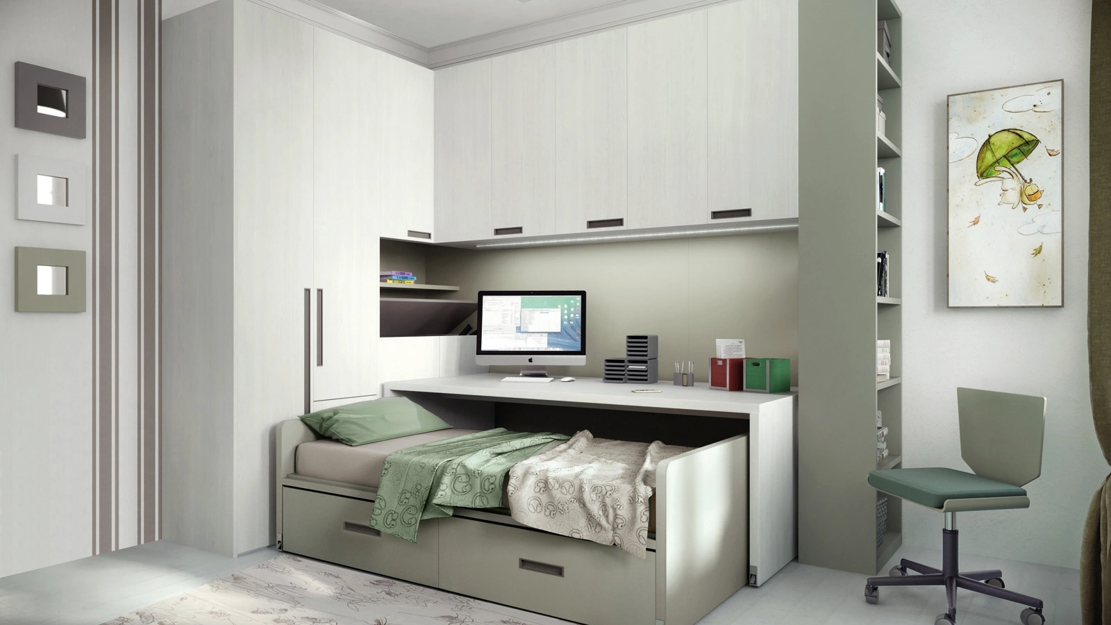 Cameretta in laccato e melaminico con letto estraibile da scrivania Comp 337 di Tumidei