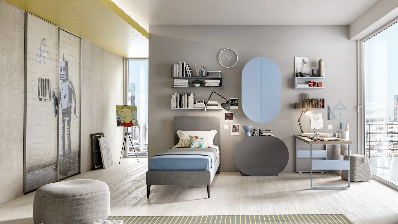 Cameretta con letto in tessuto e mobili azzurro polvere e grigio fumè Comp 343 di Tumidie