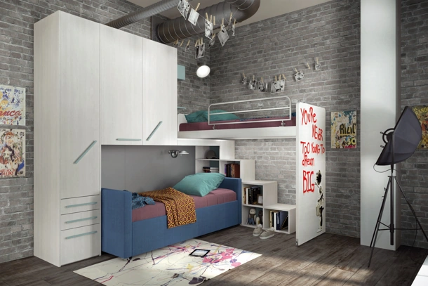 Cameretta in melaminico e laccato con letto in tessuto Comp 357 di Tumidei