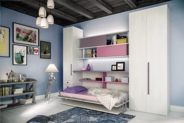 Cameretta a ponte in laccato e melaminico olmo con letto a scomparsa Comp 365 di Tumidei
