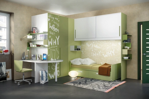 Cameretta angolare in laccato bianco e verde Comp 371 di Tumidei