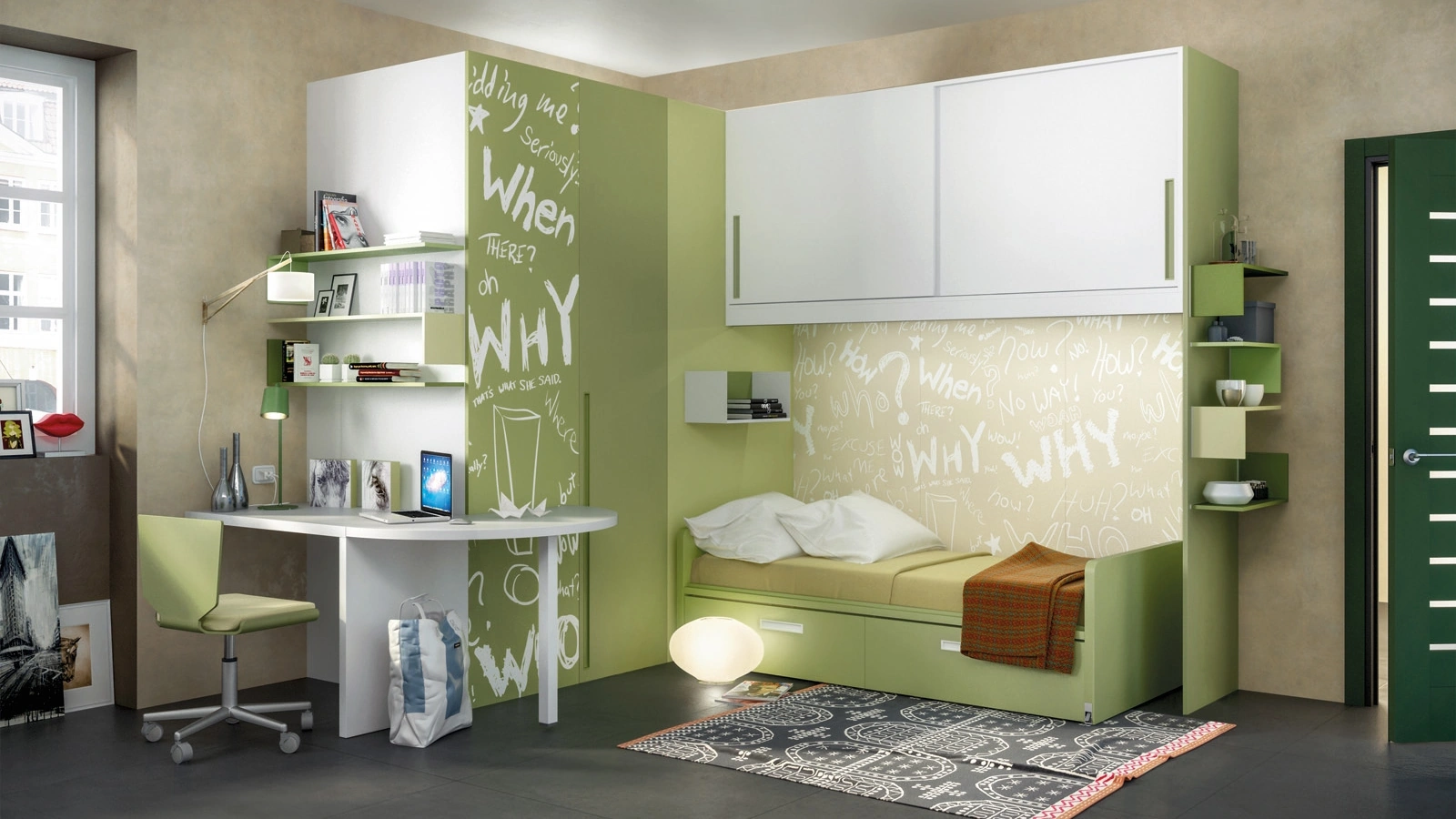 Cameretta angolare in laccato bianco e verde Comp 371 di Tumidei