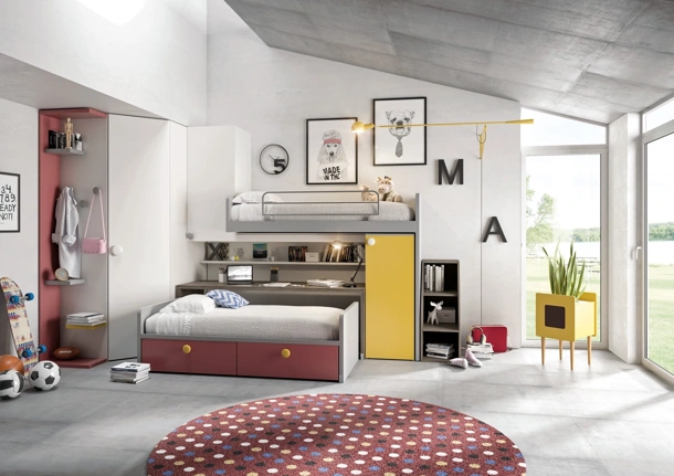 Cameretta in laccato con letto a soppalco con scrivania e secondo letto estraibile Comp 354 di Tumidei