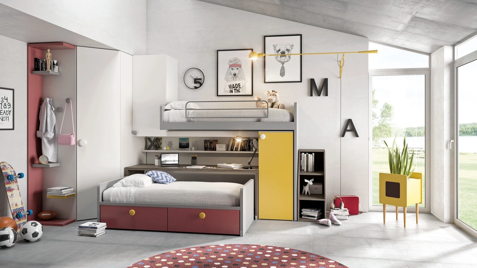Cameretta in laccato con letto a soppalco con scrivania e secondo letto estraibile Comp 354 di Tumidei