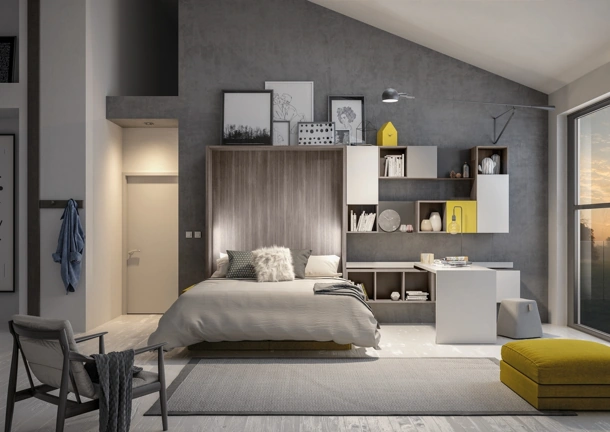 Cameretta con letto a scomparsa aperto e angolo studio Comp 358 di Tumidei