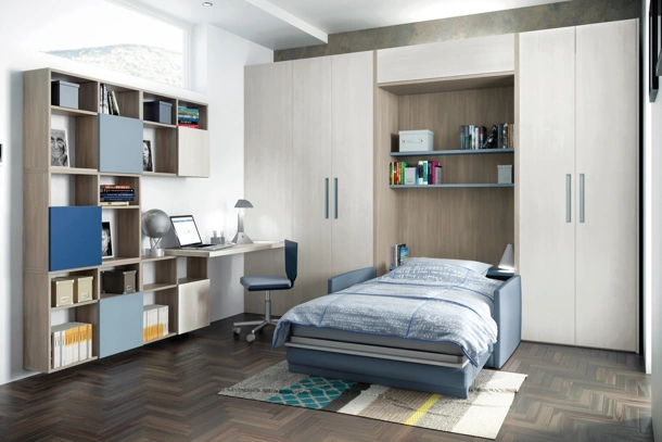 Cameretta in laccato e melaminico olmo con letto a scomparsa Comp 361 di Tumidei