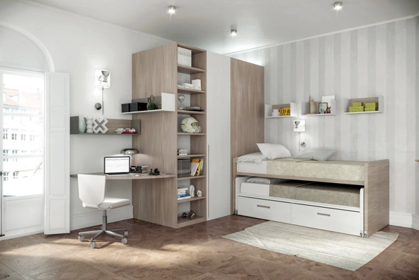 Cameretta in melaminico olmo bio e olmo calce con secondo letto estraibile Comp 370 di Tumidei