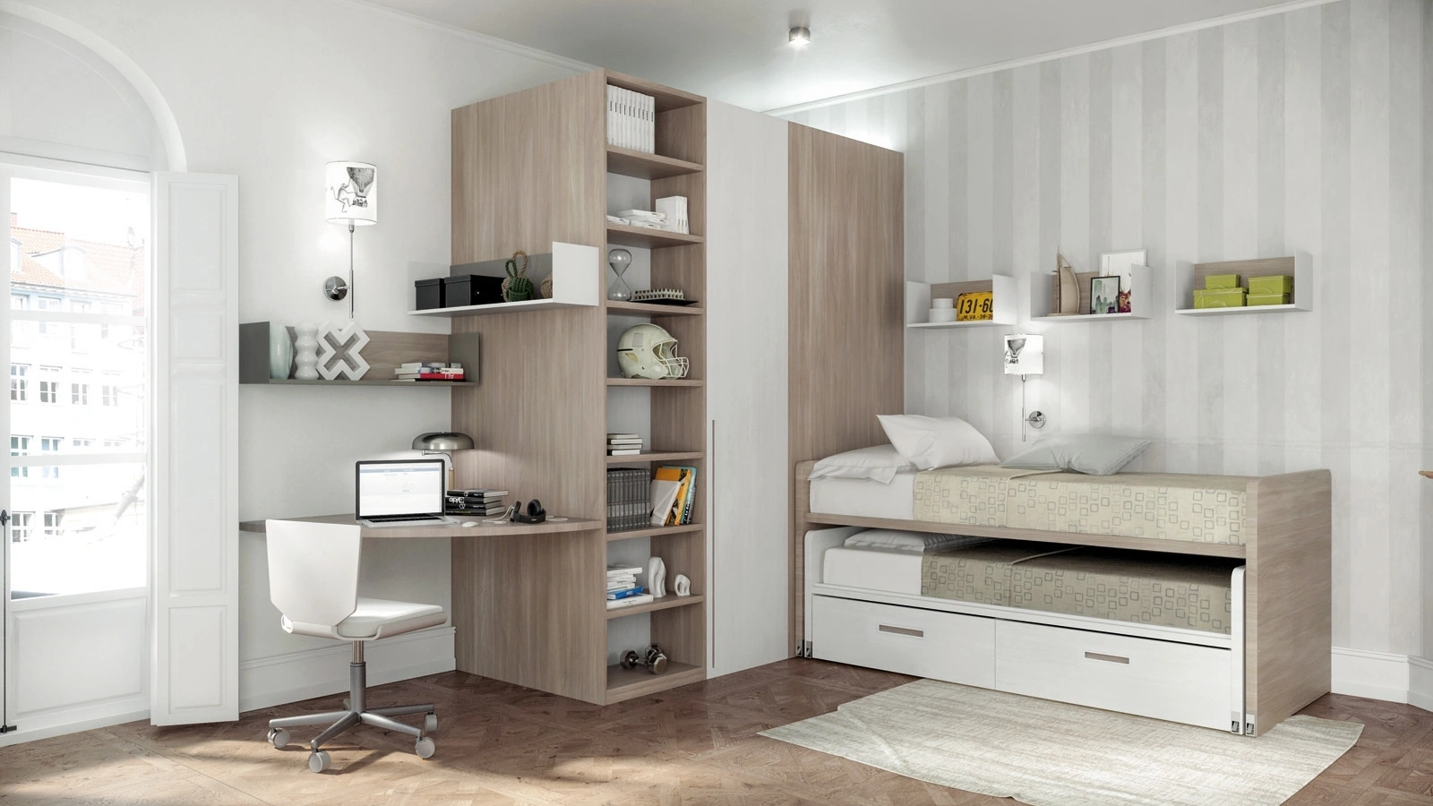 Cameretta in melaminico olmo bio e olmo calce con secondo letto estraibile Comp 370 di Tumidei