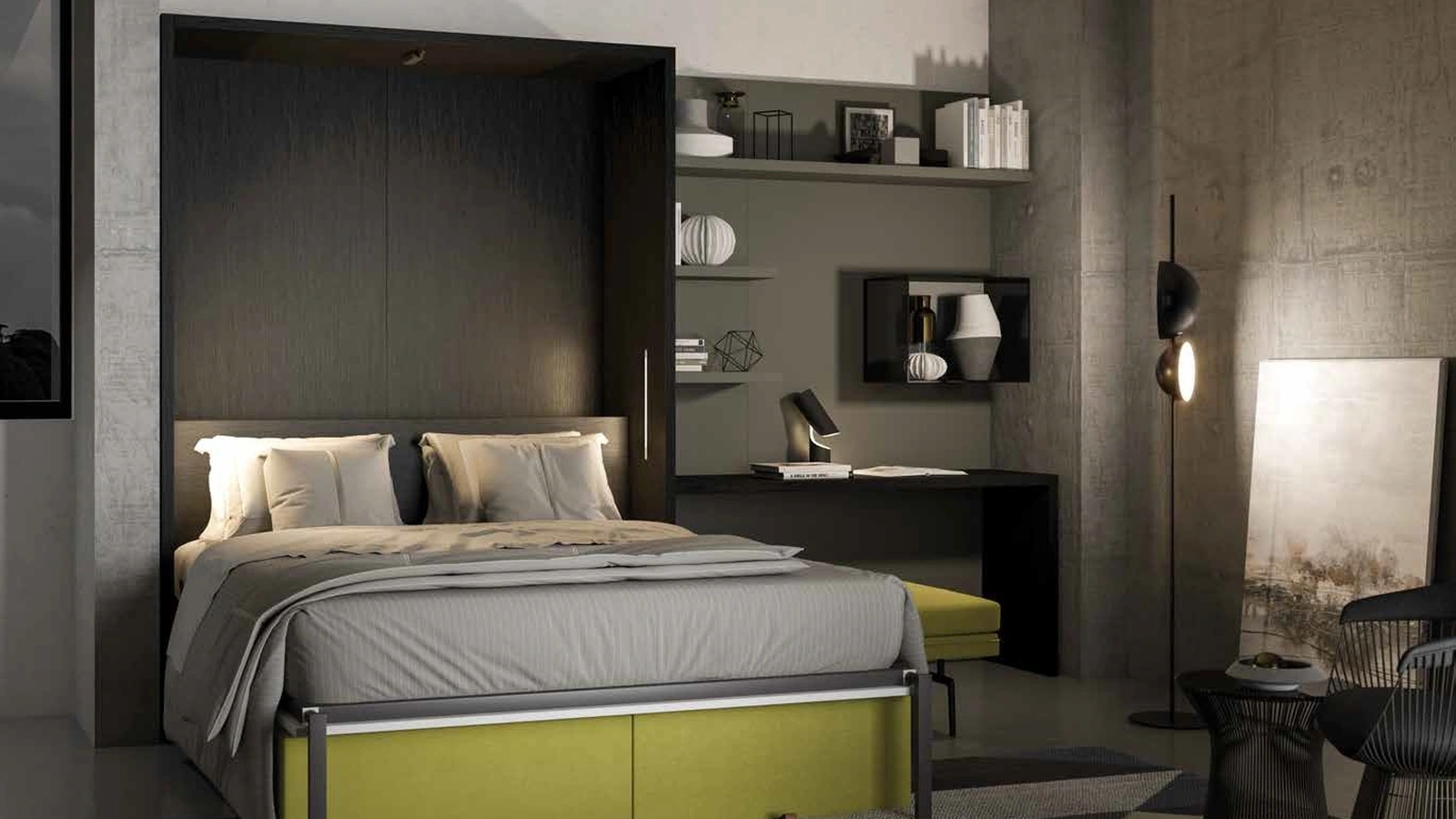 Letto a scomparsa aperto finitura Rovere carbone Block System Comp 250 di Tumidei
