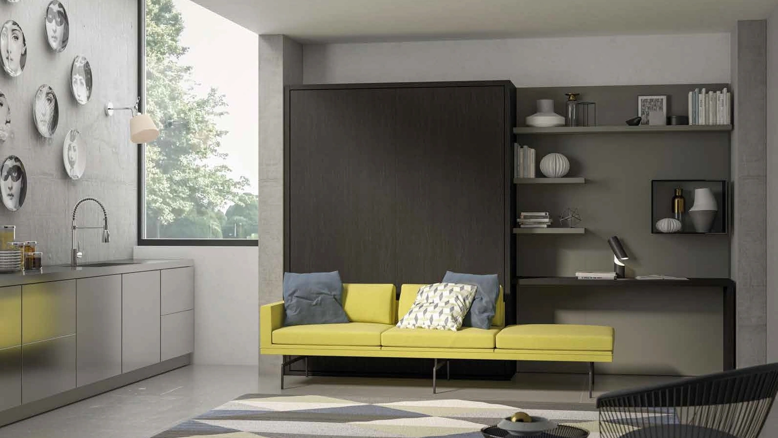 Letto a scomparsa chiuso finitura Rovere carbone Block System Comp 250 di Tumidei