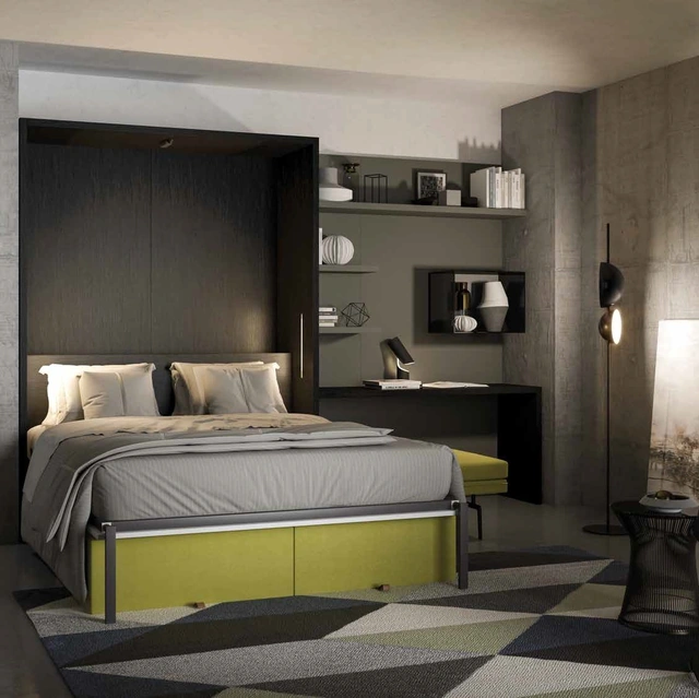 Letto a scomparsa aperto finitura Rovere carbone Block System Comp 250 di Tumidei