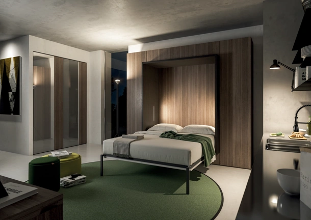 Letto matrimoniale a scomparsa in legno di rovere carbone e melaminico Alcova System Comp 255 di Tumidei