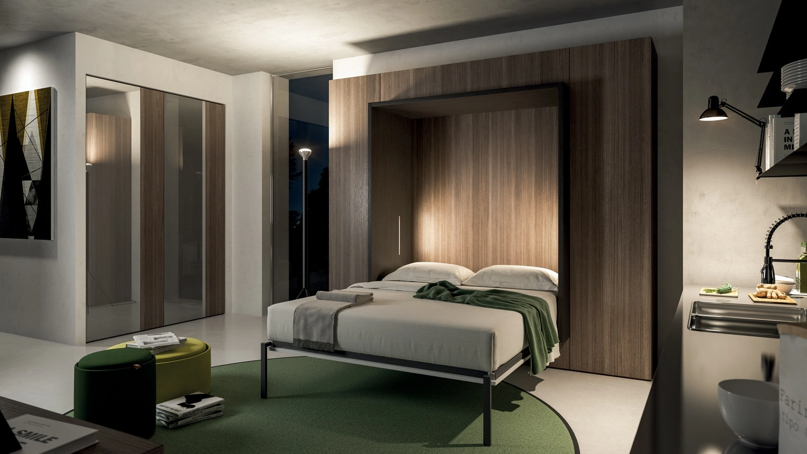 Letto matrimoniale a scomparsa in legno di rovere carbone e melaminico Alcova System Comp 255 di Tumidei