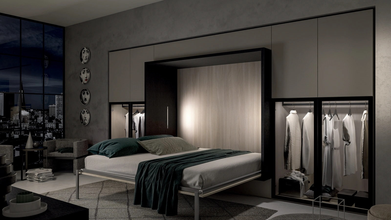 Letto matrimoniale a scomparsa su nicchia in legno e melaminico con armadiatura in laccato opaco Alcova System Comp 259 di Tumidei