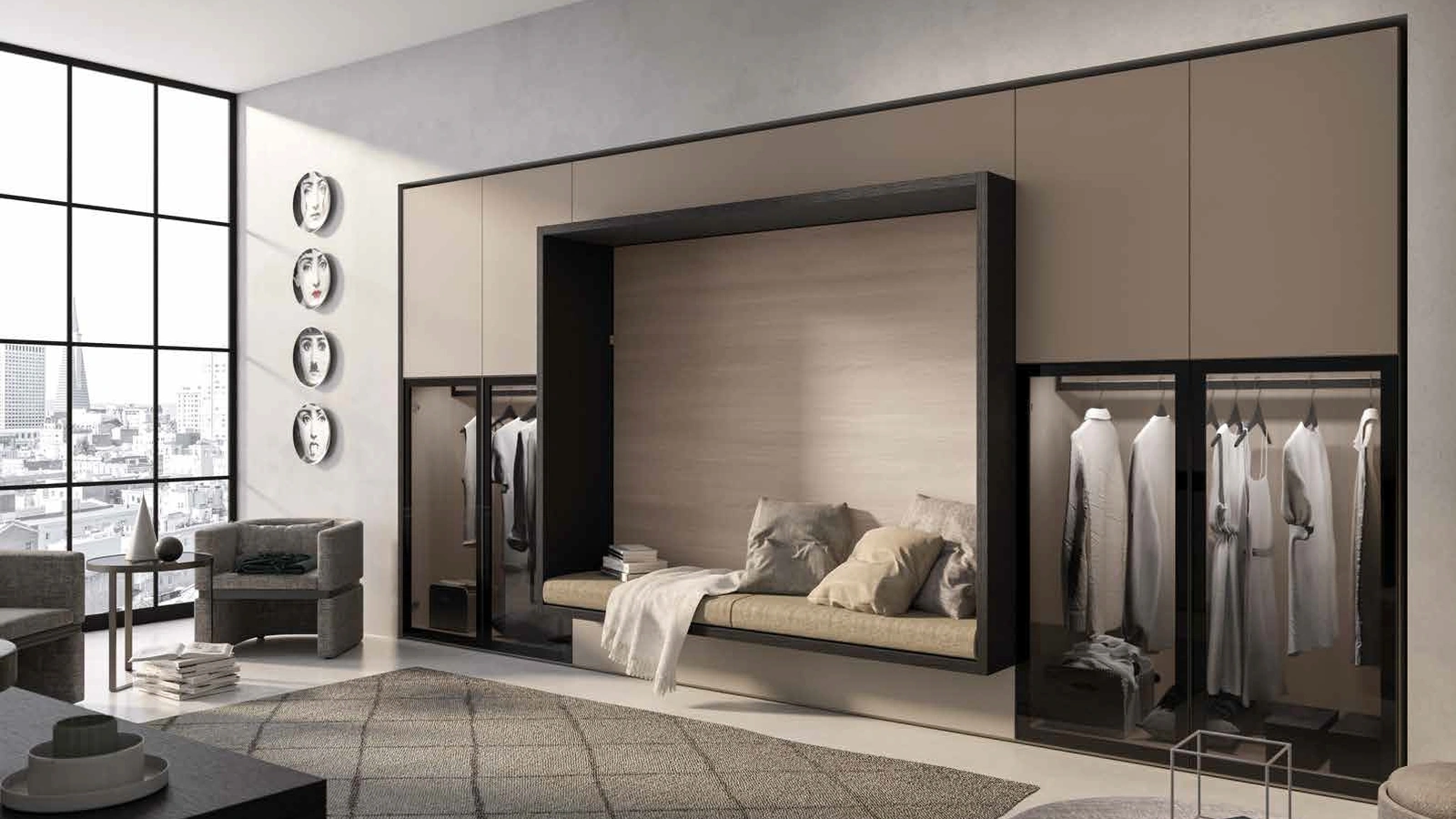 Letto matrimoniale a scomparsa chiuso su nicchia in legno e melaminico con armadiatura in laccato opaco Alcova System Comp 259 di Tumidei