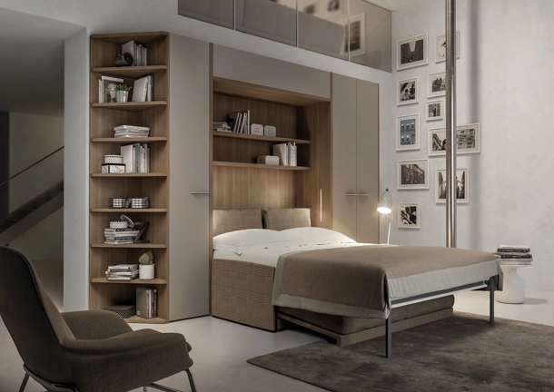 Letto a scomparsa aperto in laccato e melaminico Block System Comp 260 di Tumidei