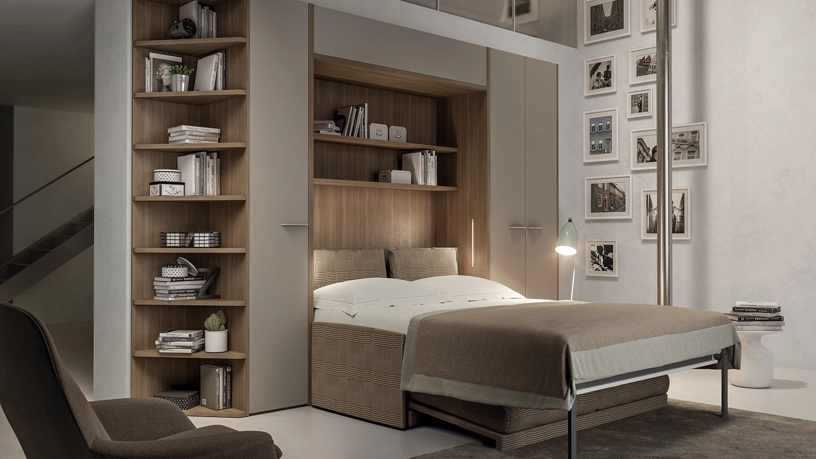 Letto a scomparsa aperto in laccato e melaminico Block System Comp 260 di Tumidei
