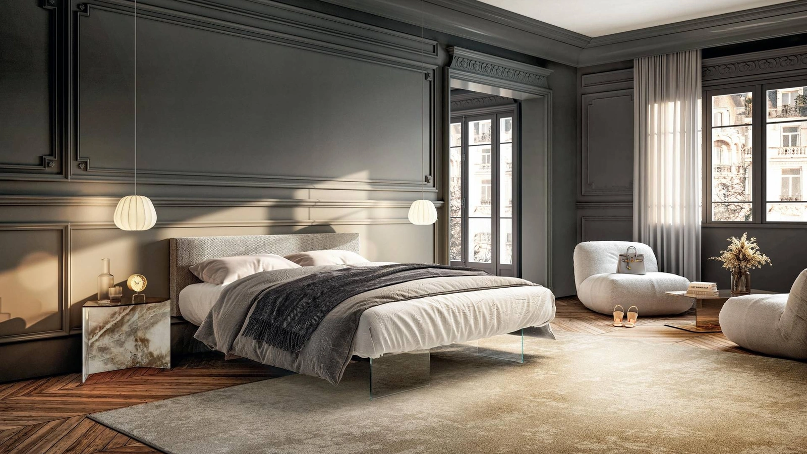 Letto Air 1501 in tessuto imbottito con base in vetro di Lago