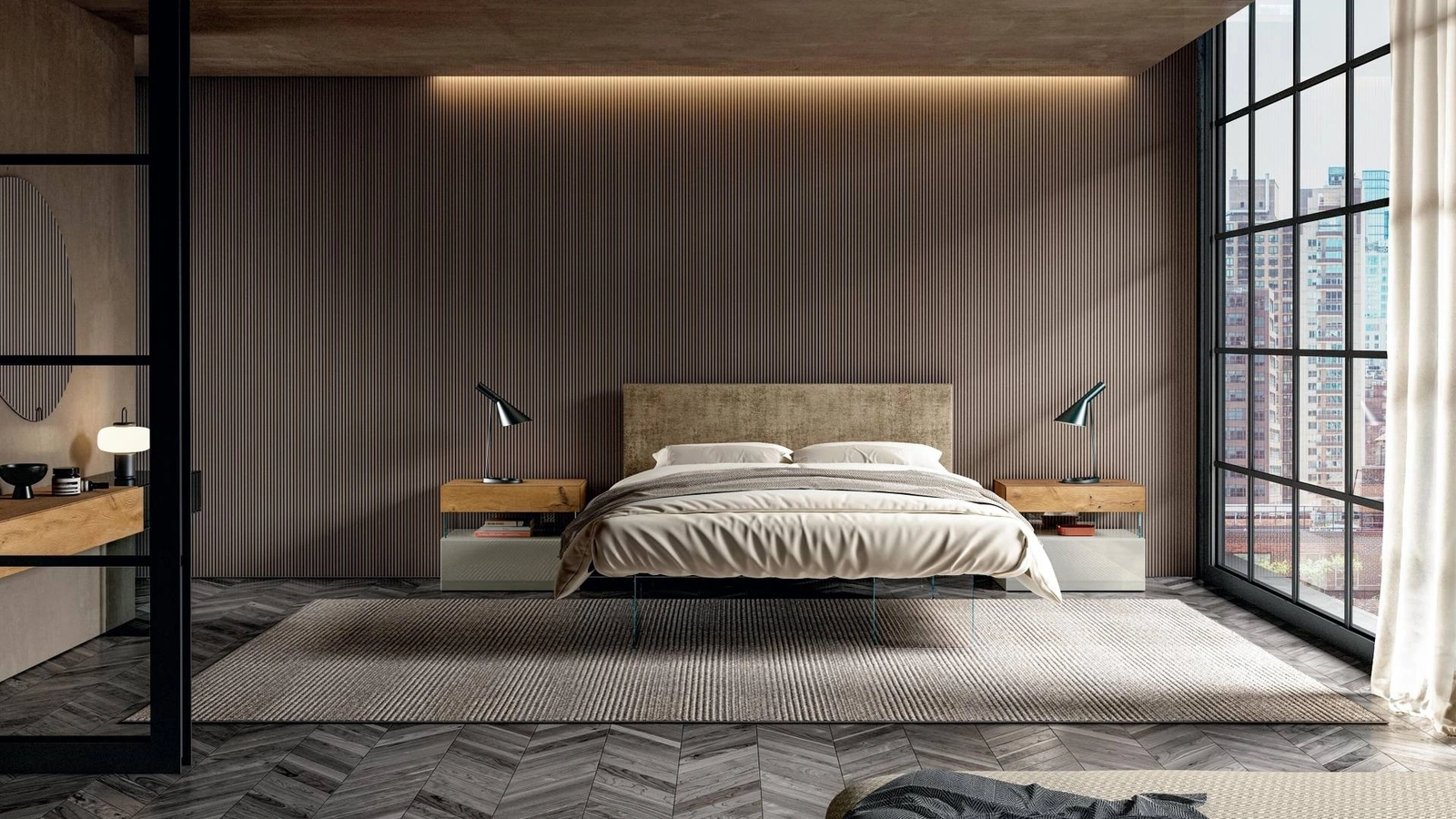 Letto Air 1501 in tessuto imbottito con base in vetro di Lago
