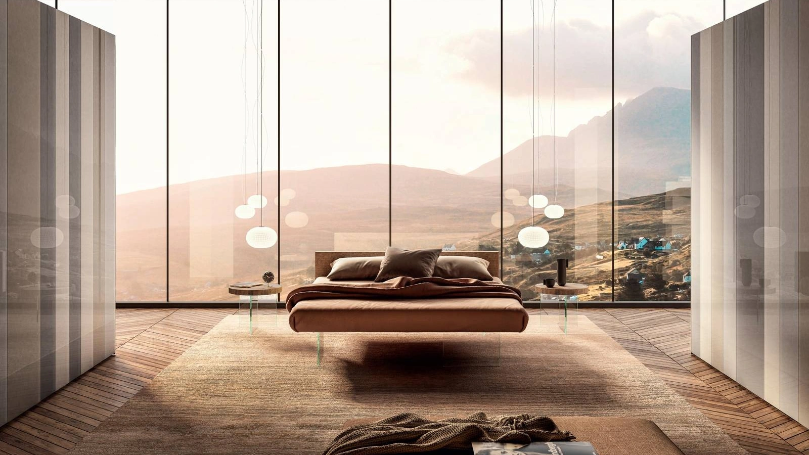 Letto Air 1501 in tessuto imbottito con base in vetro di Lago