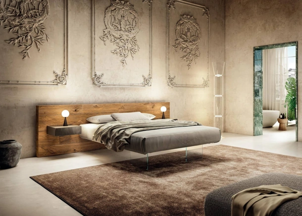 Letto con testiera in legno e base in vetro Air 1524 di Lago