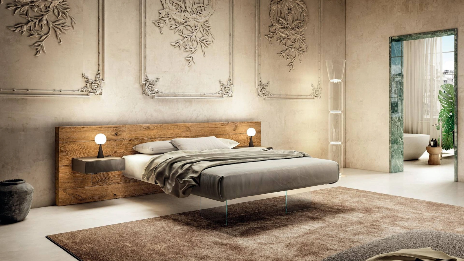 Letto con testiera in legno e base in vetro Air 1524 di Lago