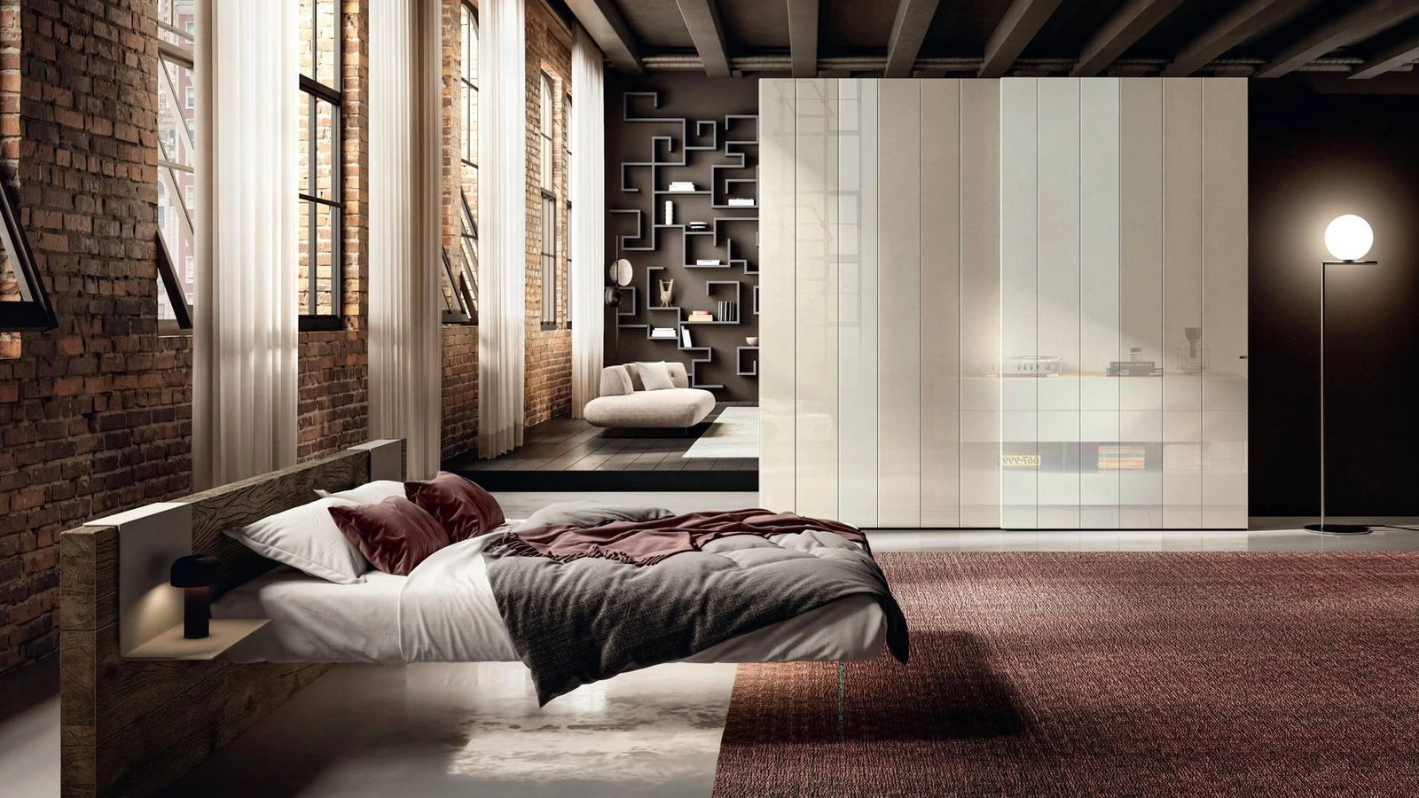 Letto con testiera in legno e base in vetro Air 1524 di Lago
