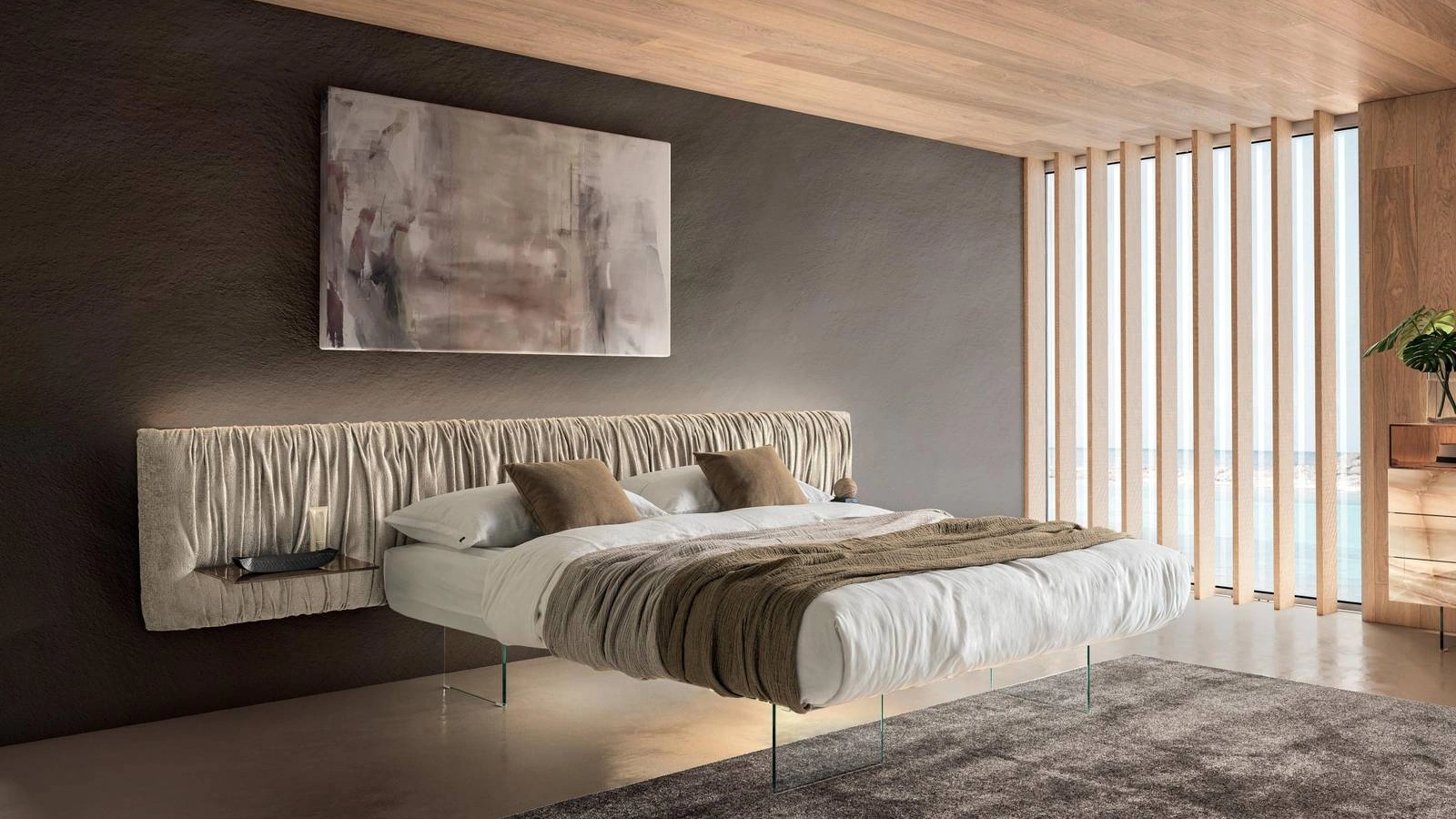 Letto con testiera in tessuto e base in vetro Air Replis 1537 di Lago