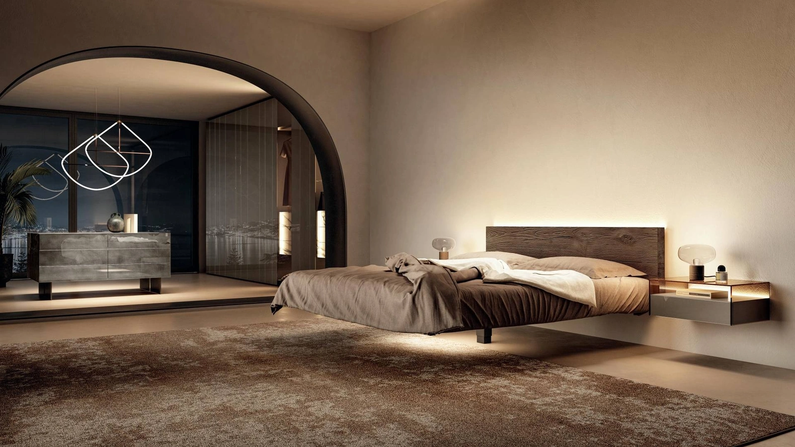 Letto sospeso Fluttua 1621 con testiera in legno di Lago